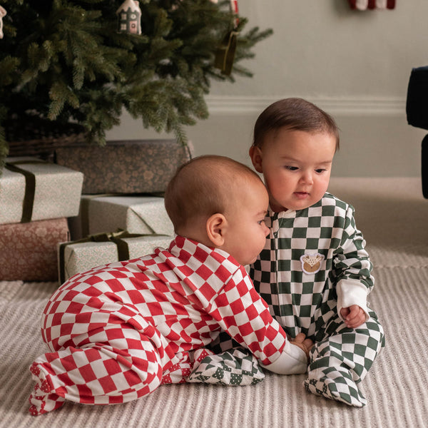 Organic Cotton Jersey Christmas Baby Sleepsuit (Red Checkerboard)