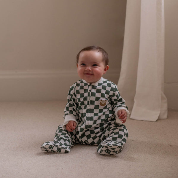 Organic Cotton Jersey Christmas Baby Sleepsuit (Green Checkerboard)