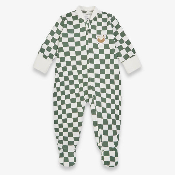 Organic Cotton Jersey Christmas Baby Sleepsuit (Green Checkerboard)