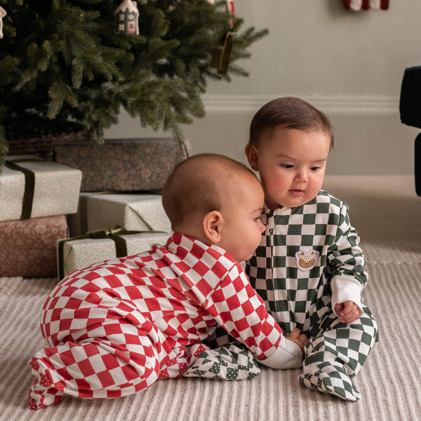Organic Cotton Jersey Christmas Baby Sleepsuit (Green Checkerboard)