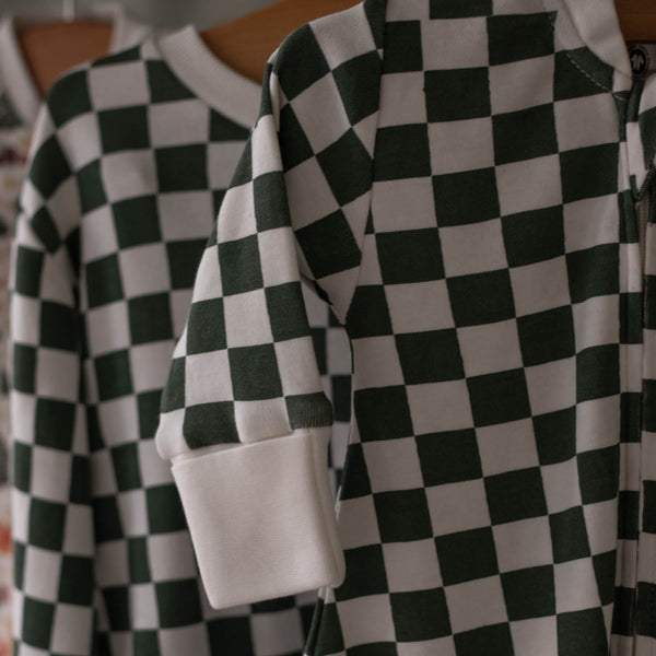 Organic Cotton Jersey Christmas Baby Sleepsuit (Green Checkerboard)