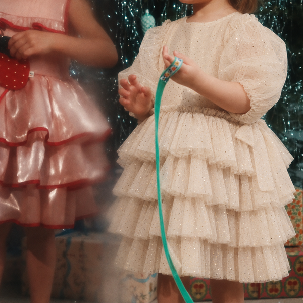 Fay Glitter Tulle Ruffle Party Dress (Bleached Sand)