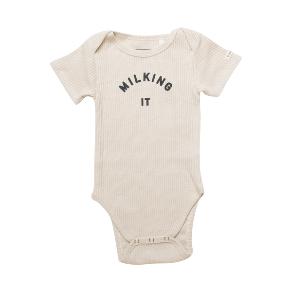Milking It Cotton Rib Short Sleeve Baby Bodysuit (Oatmeal)
