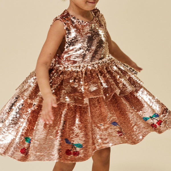 Lulu Cherry Print Frilled Sequin Party Dress