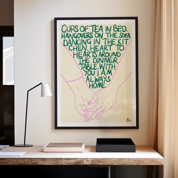 'Cups of Tea in Bed' Green and Lilac Art Print