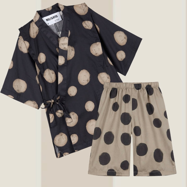 Jinbei Polk Dot Kimono Shirt and Shorts Set (Polka Black)