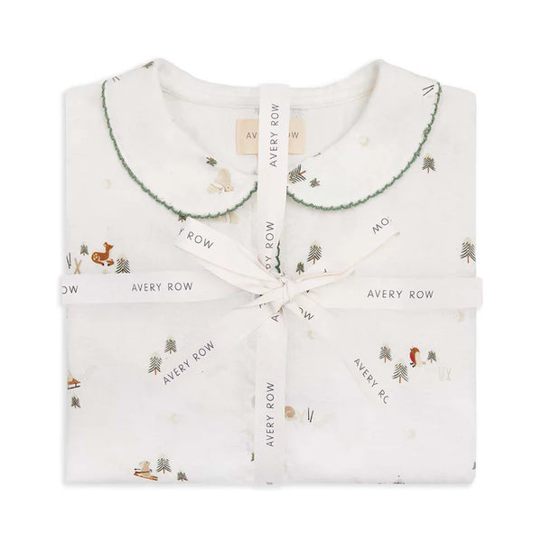 Green Trim Ski Scene Organic Cotton Flannel Button Up Pyjamas