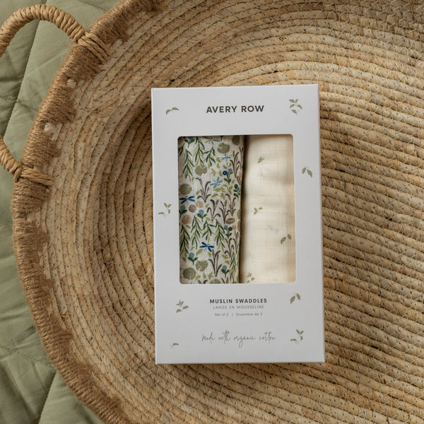 Organic Cotton Baby Muslin Swaddles Set of 2 (Riverbank/Nettle Scatter)