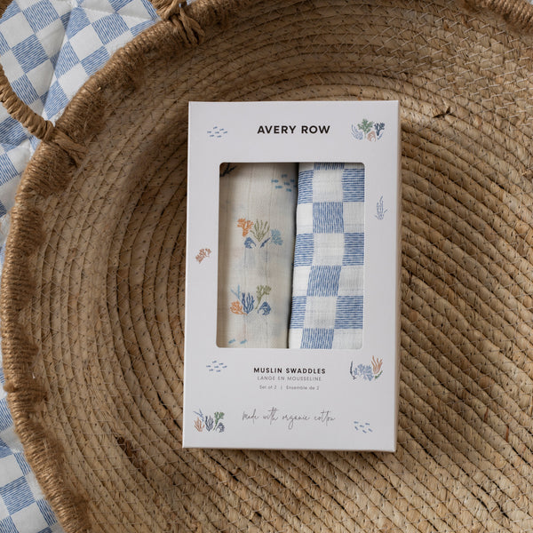 Organic Cotton Baby Muslin Swaddles Set of 2 (Coastline/Waves)