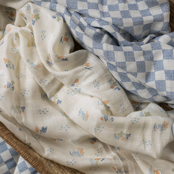 Organic Cotton Baby Muslin Swaddles Set of 2 (Coastline/Waves)