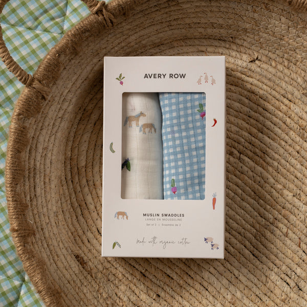 Organic Cotton Baby Muslin Swaddles Set of 2 (Little Farm/Radish)