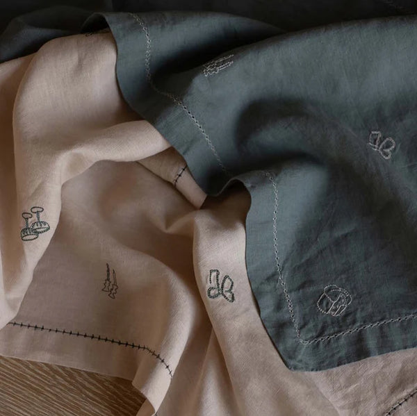 Linen Embroidered Christmas Table Runner (Pine Green)