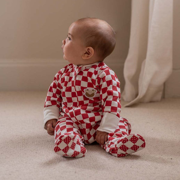 Organic Cotton Baby Jersey Sleepsuit (Red Checkerboard)