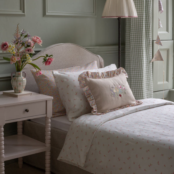 Rectangle Linen Embroidered Frill Cushion (Wildflower Garden)