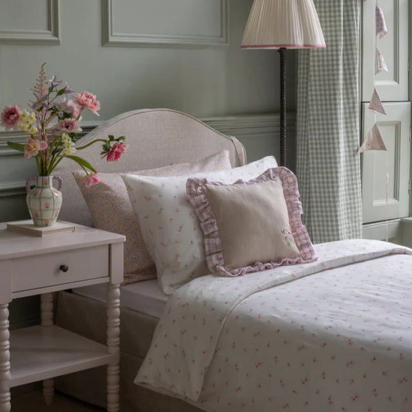 Square Linen Embroidered Frill Cushion (Pink Check)