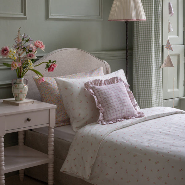 Square Linen Embroidered Frill Cushion (Pink Check)
