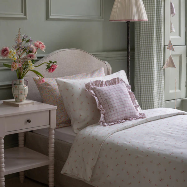 Square Linen Embroidered Frill Cushion (Pink Check)