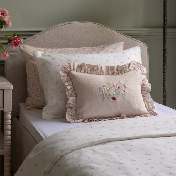 Rectangle Linen Embroidered Frill Cushion (Wildflower Garden)