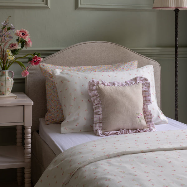 Square Linen Embroidered Frill Cushion (Pink Check)