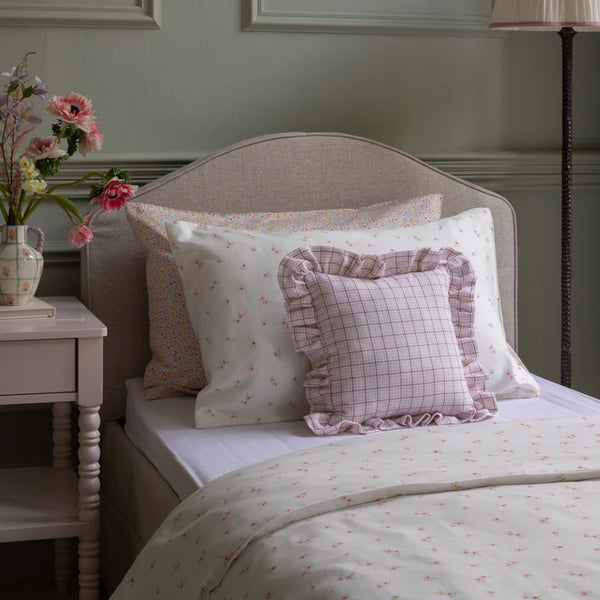 Square Linen Embroidered Frill Cushion (Pink Check)