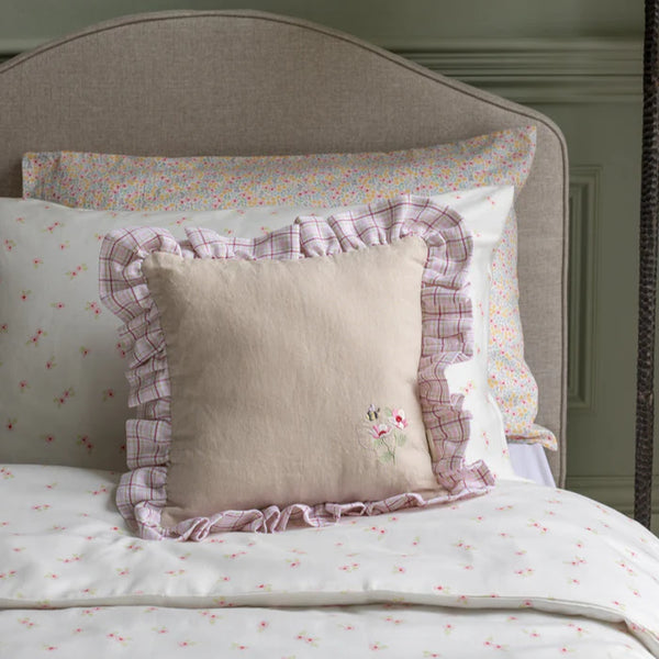 Square Linen Embroidered Frill Cushion (Pink Check)