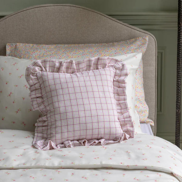 Square Linen Embroidered Frill Cushion (Pink Check)
