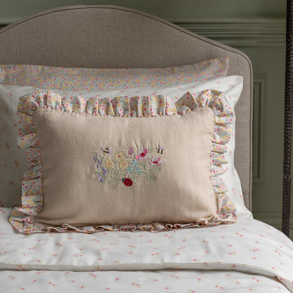 Rectangle Linen Embroidered Frill Cushion (Wildflower Garden)