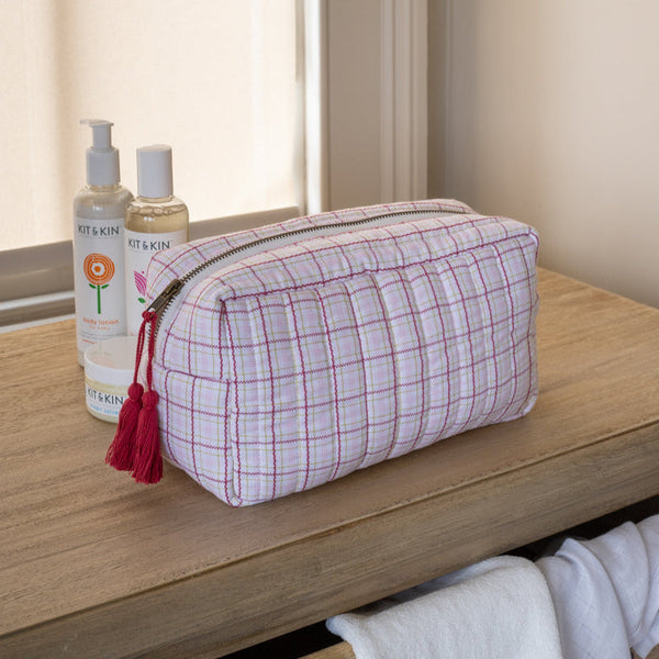 Cotton Quilted Nappy Pouch or Wash Bag (Pink Check)