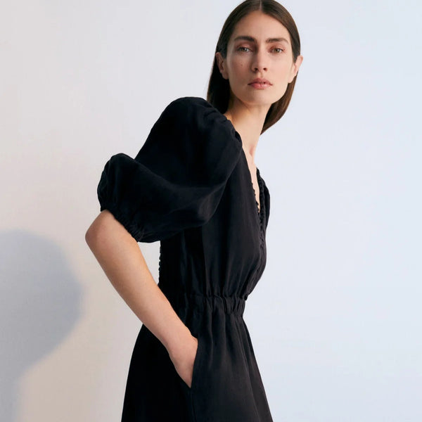 MAMA Hera Linen Tiered Midi Dress (Caviar)