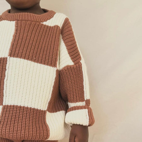 Aspen Checkerboard Chunky Knit Oversized Jumper (Cinnamon)