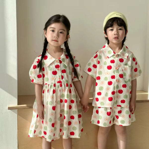 Apple Print Collar Shirt and Shorts Set