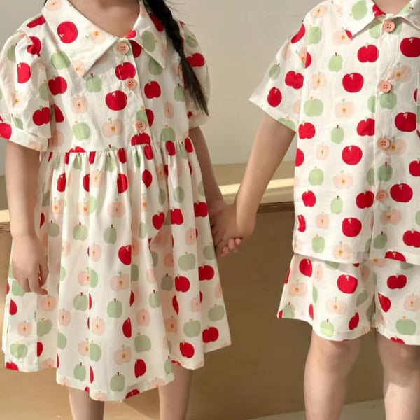 Apple Print Collar Shirt and Shorts Set