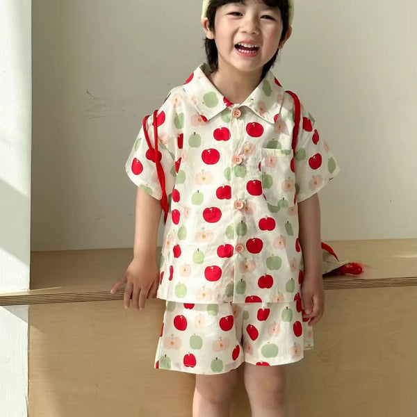 Apple Print Collar Shirt and Shorts Set