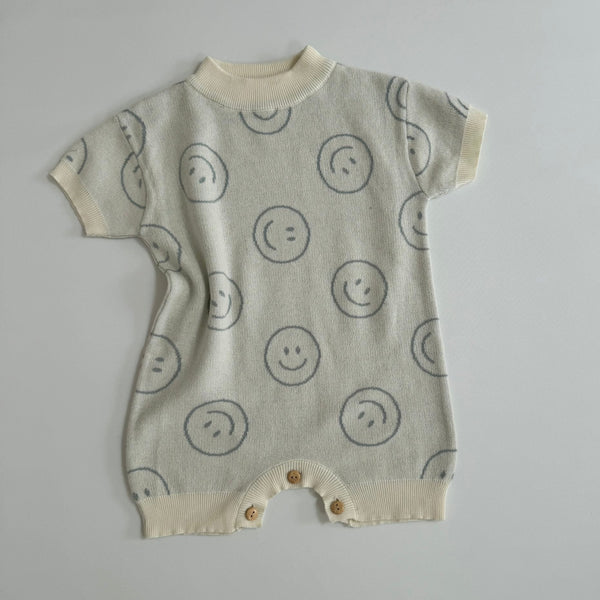 Rue Smiley Cotton Knit Short Sleeved Baby Romper (Mist)
