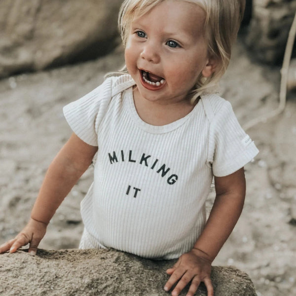 Milking It Cotton Rib Short Sleeve Baby Bodysuit (Oatmeal)