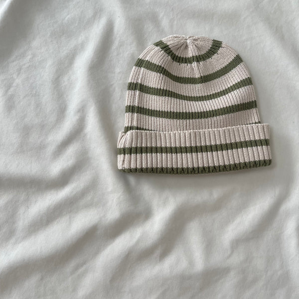 Noa Striped Chunky Knit Beanie Hat (Olive Stripe)