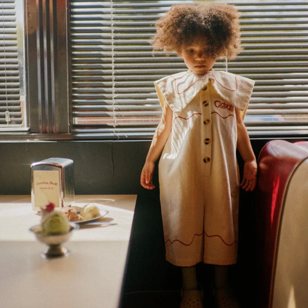 Cali Embroidered Sleeveless Vanilla Ripple Collared Overall