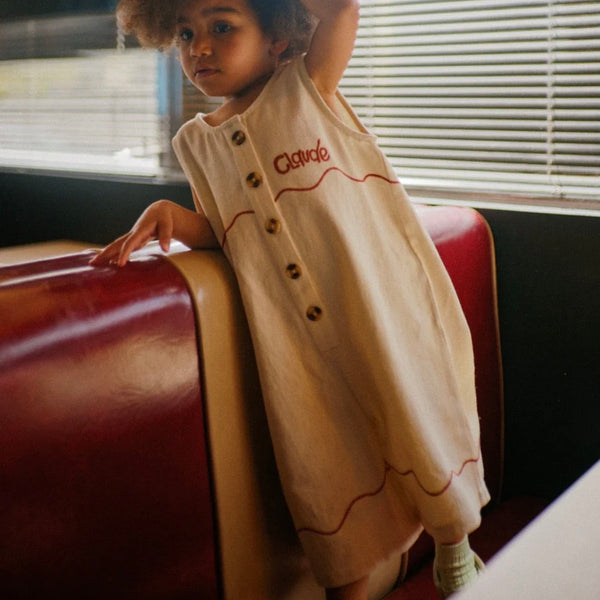 Cali Embroidered Sleeveless Vanilla Ripple Collared Overall
