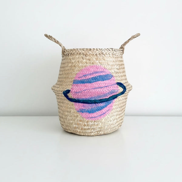 Pink Planet Handwoven Toy Storage Basket (Large)