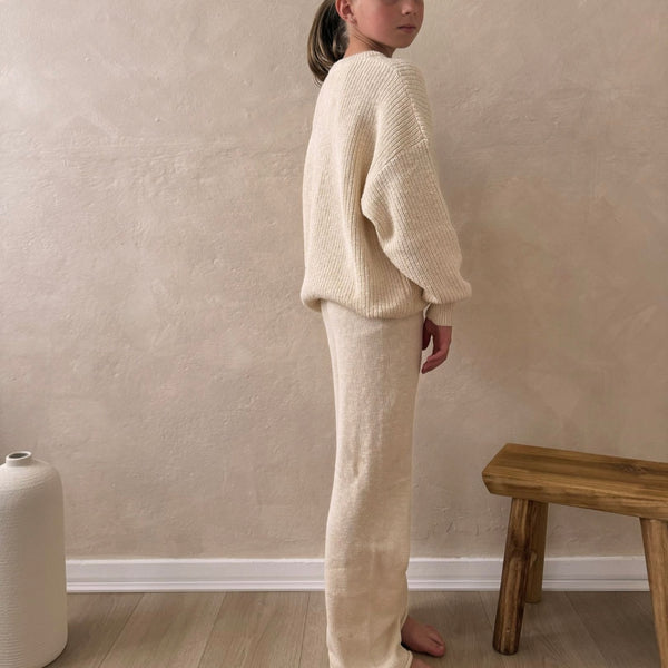 Oatmeal Teddy Wide Leg Cotton Knit Bottoms