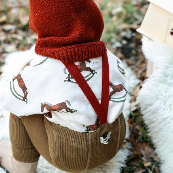 Silly Silas Footless Festive Tights with Braces (Acorn Brown + Maple Leaf)