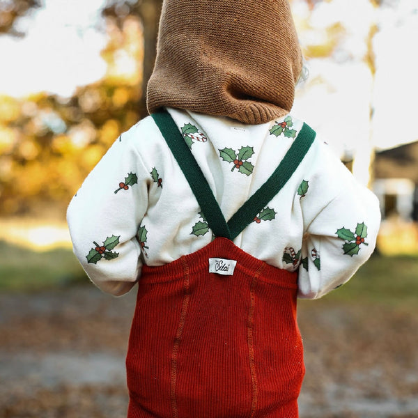 Silly Silas Festive Tights with Braces (Maple Leaf + Dark Forest Green)