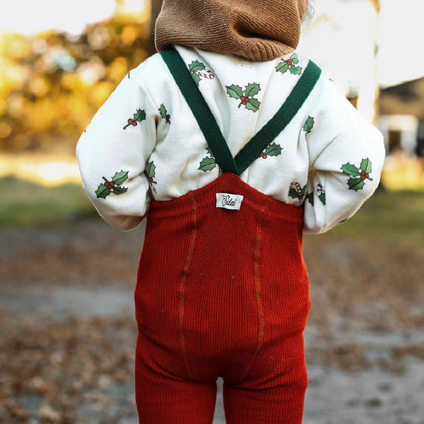 Silly Silas Festive Tights with Braces (Maple Leaf + Dark Forest Green)