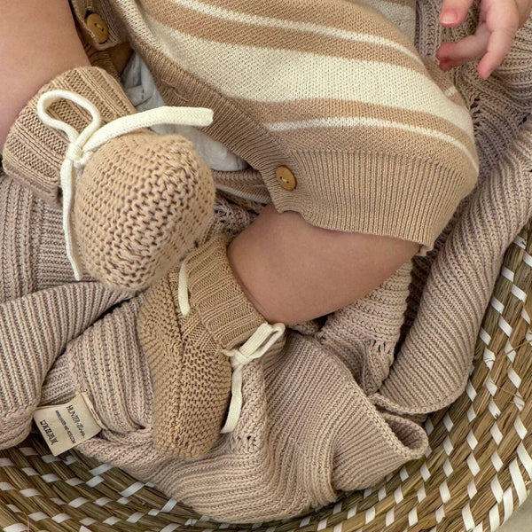 Beige Cotton Knitted Baby Booties