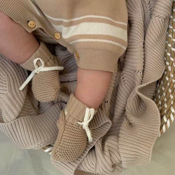 Beige Cotton Knitted Baby Booties