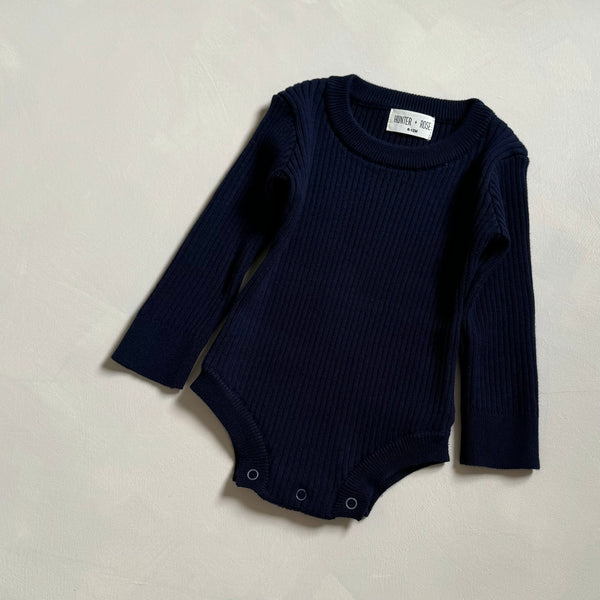 Noa Cotton Rib Knit Baby Bodysuit (Midnight)