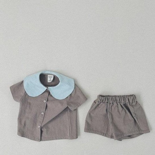 Jelly Statement Collar Shirt and Shorts Summer Set (Mocha)