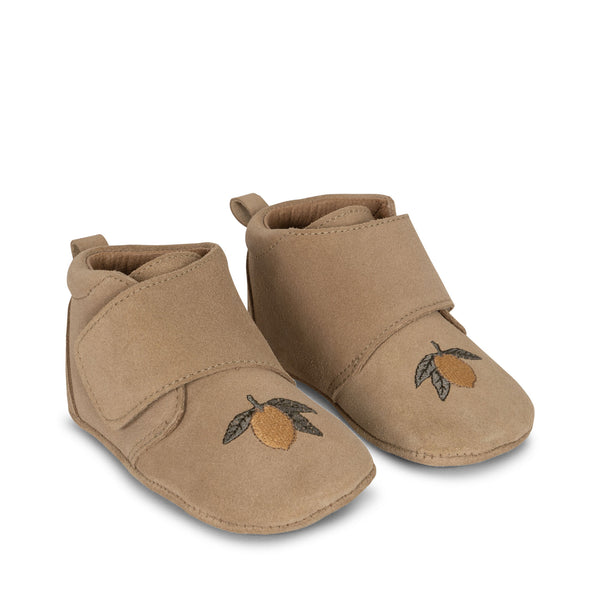 Lemon Embroidered Suede Baby Booties (Sand)