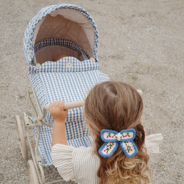 Blue Gingham Daisy Embroidered Vintage Traditional Dolls Pram