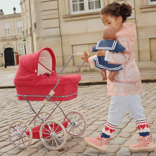 Red Quilted Corduroy Vintage Traditional Dolls Pram